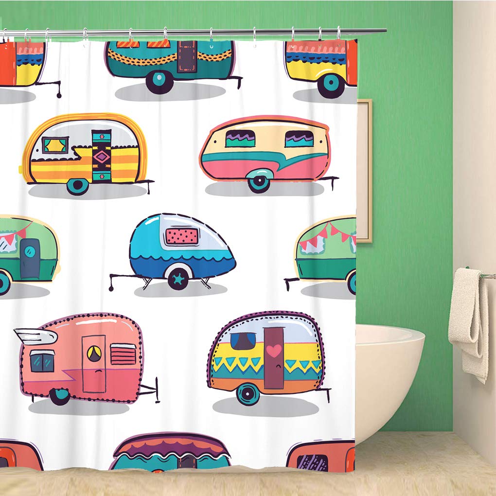 Awowee Decor Shower Curtain Caravan Mid Fifties Cartoonish Campers Pattern Van Vespa Activity 152x180cm Polyester Fabric Waterproof Bath Curtains Set with Hooks for Bathroom