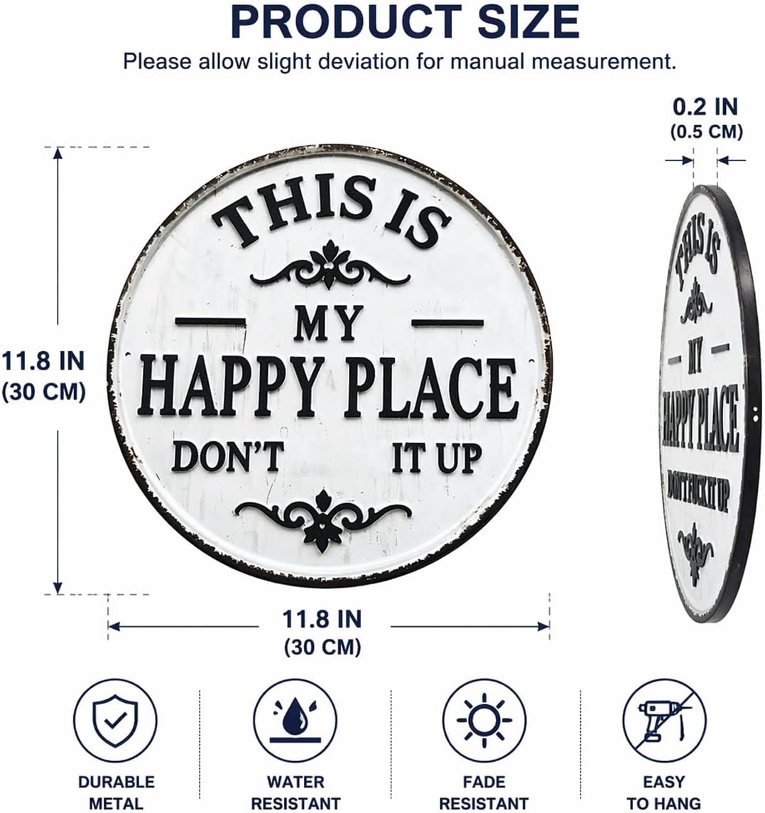 Funny Garden Metal Sign – "This Is My Happy Place Don't F It Up", Vintage Round Wall Decor for Home, Garden, Bar, Coffee Shop, 12x12in