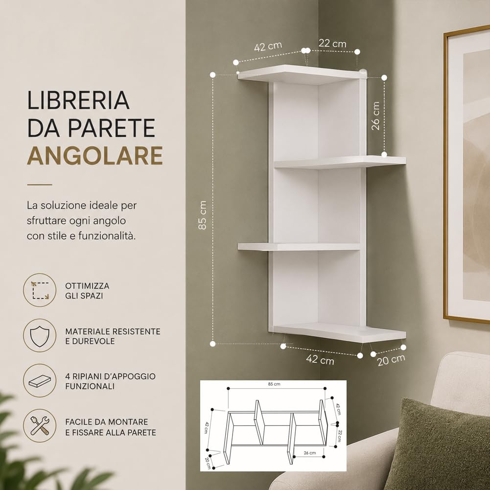 BAKAJI Mensola Scaffale Libreria da Parete Angolare Design Moderno con 4 Mensole Ripiani Angolo Scaffalatura Struttura in Legno MDF Decorazione Muro Arredamento Casa Ufficio 85 x 42 x 42 cm Bianco