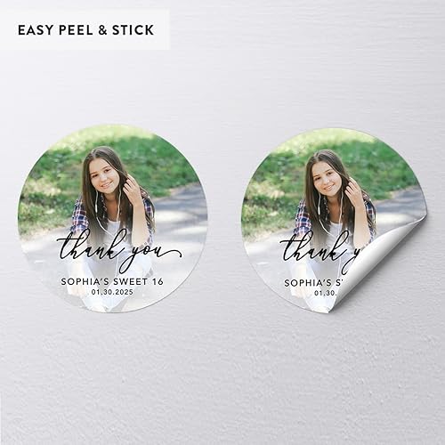 Miniatura 6 de Andaz Press Paquete de 40 etiquetas redondas personalizadas con fotos de 2 pulgadas, dulces 16 etiquetas, calcomanías clásicas de agradecimiento con