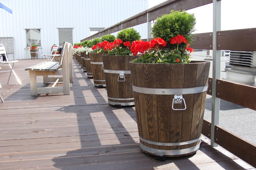 Großer Holz Blumentopf Runder Garten Pflanzkübel mit Metallringen Dekoratives Holzfass als Pflanztopf Wetterfeste Blumenkübel für draußen Balkon Terrasse & Garten (braun, Ø42 x H26)