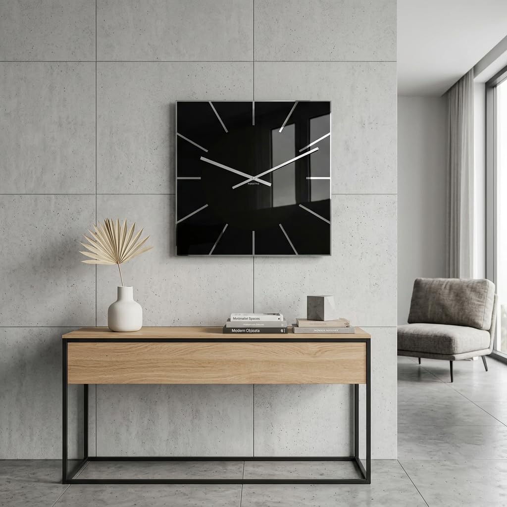 FLEXISTYLE Reloj de Pared Grande Negro Cuadrado Exact 50 cm, sin Ruido de tictac, Cristal acrílico y Espejo acrílico, Moderno salón, Dormitorio, baño