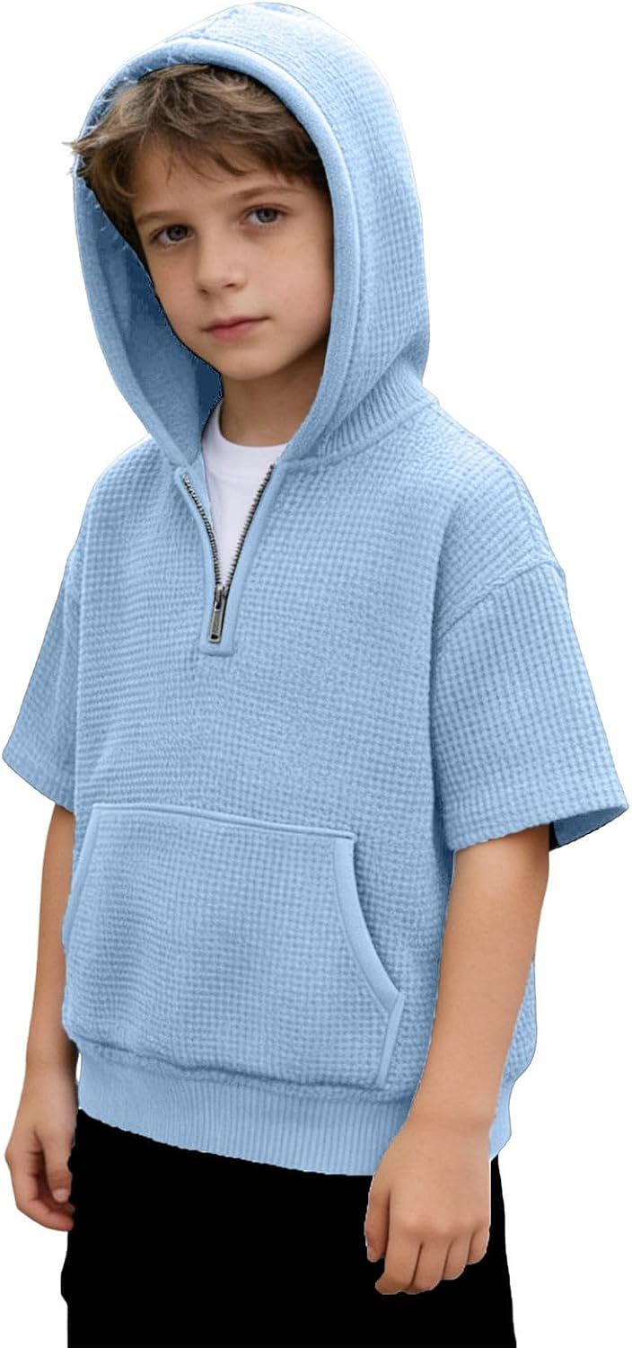 Boys Short Sleeve Hoodie Kids Girls Hafl Zipper Waffle Knit Hooded Shirts Athletic Pullover Streetwear with Pocket