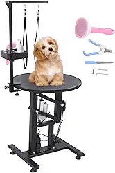 Mesa elétrica de cuidados para cães de 61 cm, mesa de cuidados com rotação de 360° para cães pequenos com mesa antiderrapante, controle remoto, conjunto de tosa, organizador de ferramentas, preto