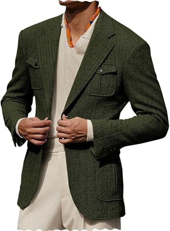 Vintage Mens Blazer Herringbone Tweed Wool Blend Suit Jackets Two Button Prom Business Wedding