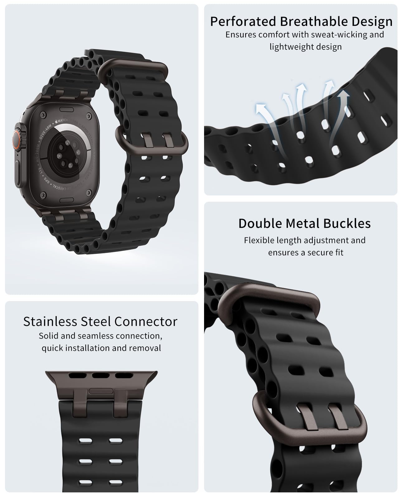 TiMOVO Cinturino Ocean Compatibile con Apple Watch Ultra 3/2/1 da 49 mm, Cinturino Sportivo Traspirante con Connettore in Metallo Migliorato per Uomo e Donna