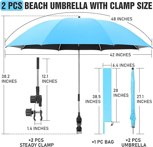 Miniatura 4 de Paquete de 2 paraguas de playa con abrazadera, paraguas ajustable de 360 para silla, paraguas UPF50+ para silla de playa, silla de patio, silla de