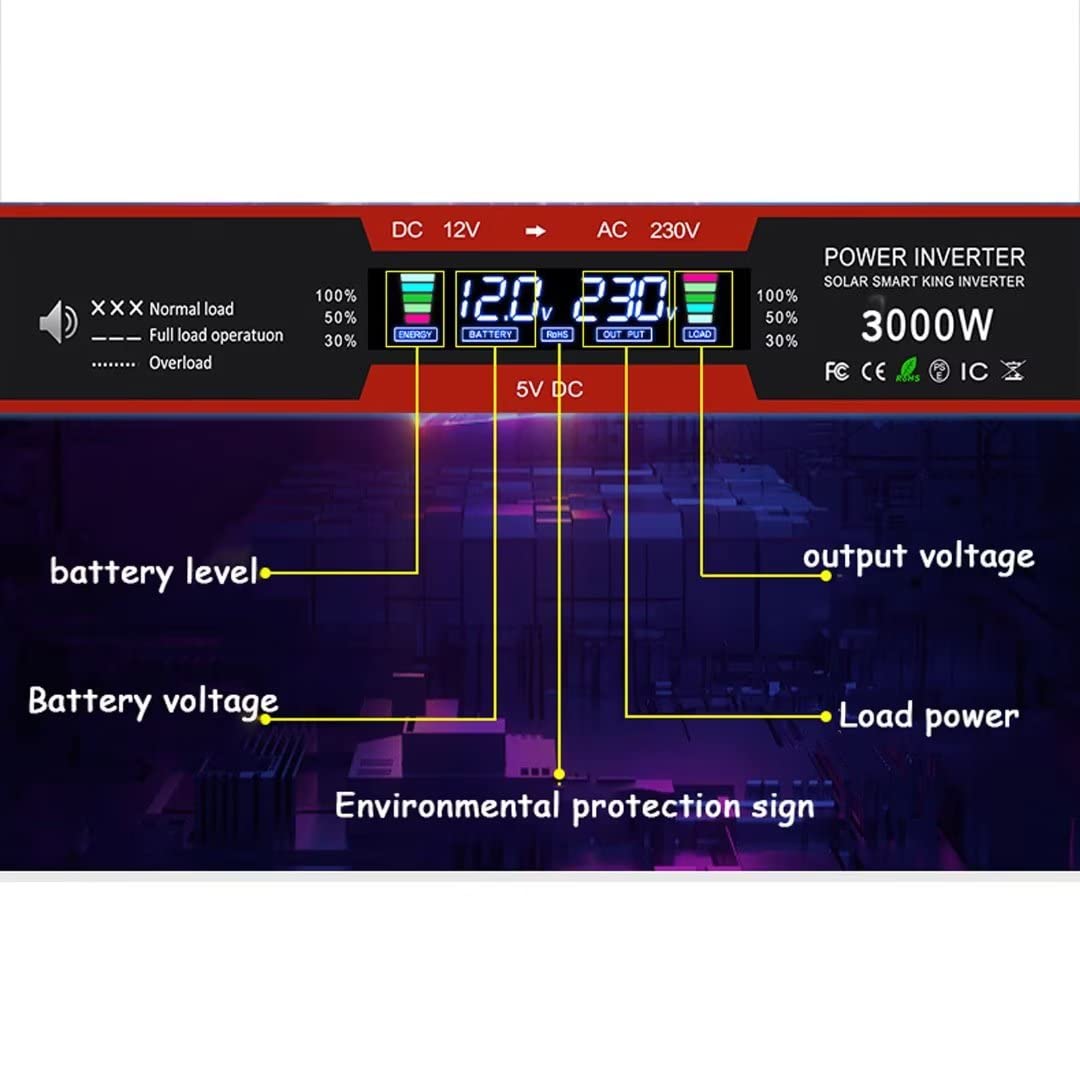 Convertisseur de Puissance Écran LCD 3000w Campervan Essentials 12V / 24V à 220V ou Chargeur de Voiture USB 110V convertisseur de Puissance sinusoïdal pour Camion modifié, 24V - 220V