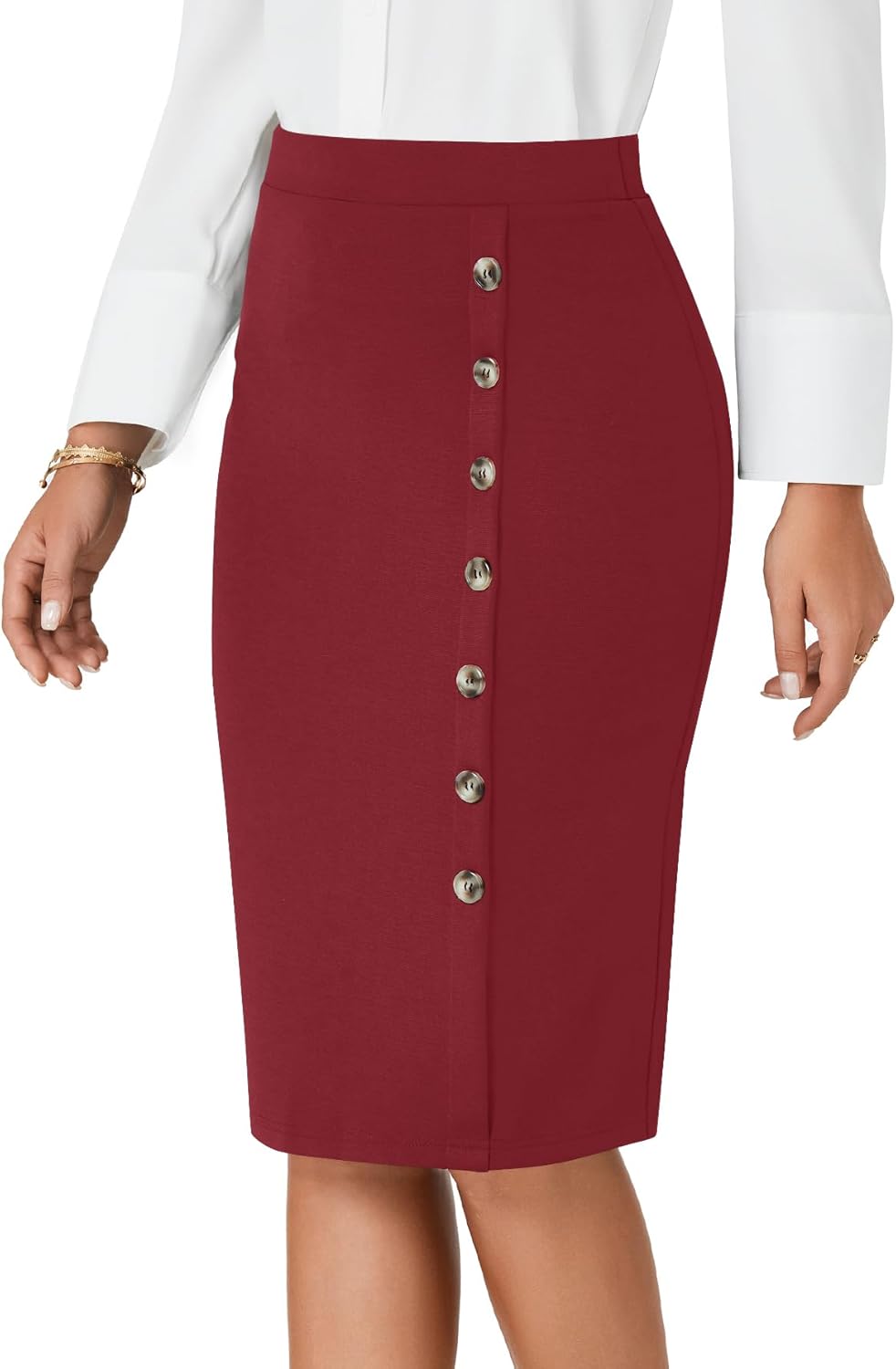 LYANER Women's Basic High Waist Pencil Bodycon Button Knee Length Straight Office Midi Skirt - Image 4
