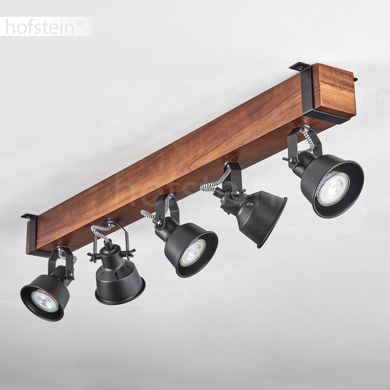 HOFSTEIN Deckenleuchte Safari, verstellbare Deckenlampe aus Metall/Holz in Schwarz/Natur, Leuchte im Industrial/Retro/Vintage-Design, Holzbalken, 5 x GU10, Wohnzimmer, Esszimmer, Schlafzimmer, Küche
