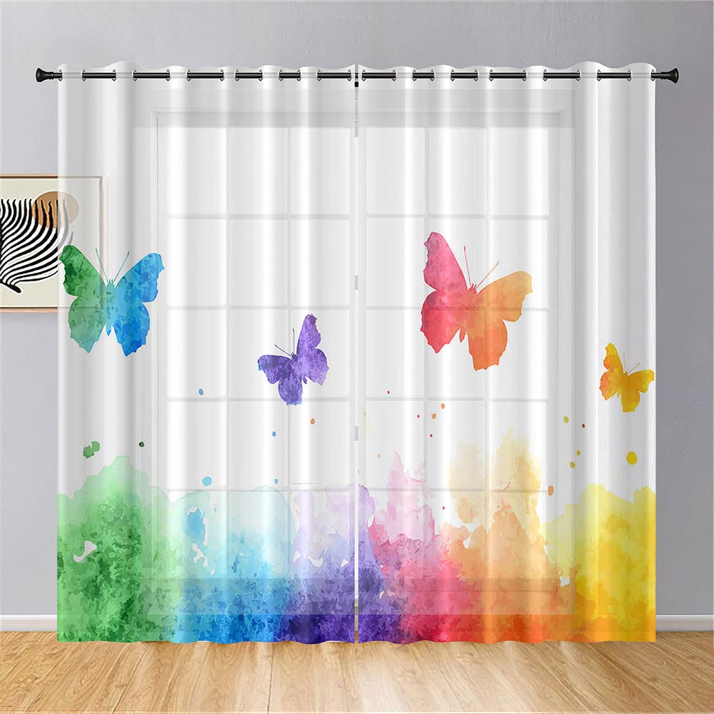 Hiseng Cortinas Salon Modernas 2 Piezas, Cortina Translucidas Estampado de Mariposas 3D con Ojales,Visillos Cortos para Dormitorio Cocina Ventanas Comedor Habitacion (140x160cm,Mariposa Arcoiris)