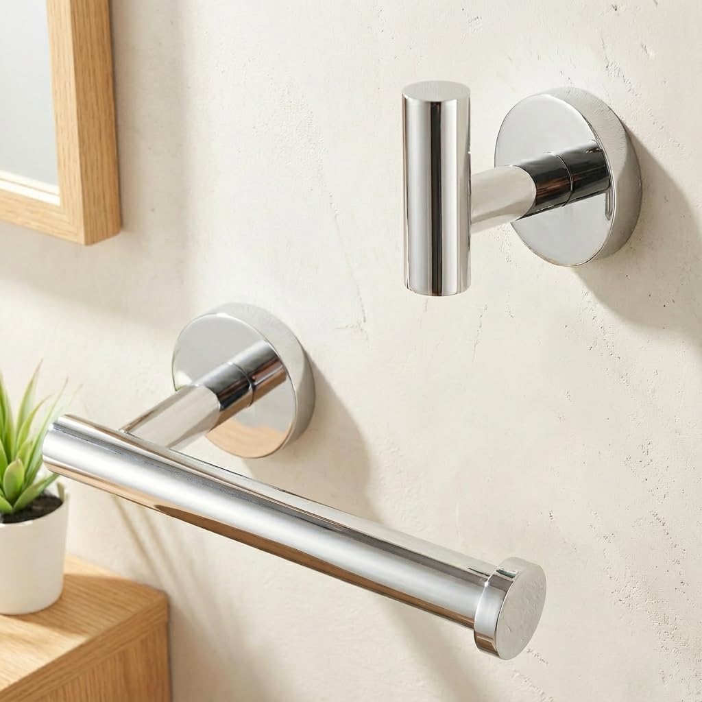 Chrome Towel and Toilet Roll Holder Set Bathroom Accessory Set 2 Pieces Toilet Roll Holder and Coat Hook SUS 304 Stainless Steel Wall Mounted Polished Finish, LA20DG-21