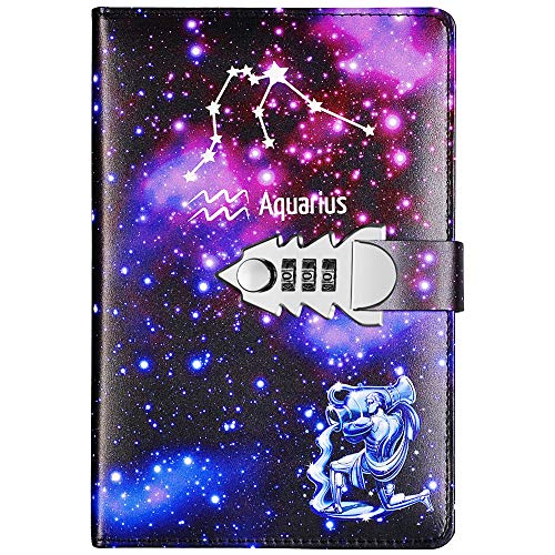 JunShop Locking Diary Combination Lock Journal Constellation Writing Diary A5 Starry Sky Lock Leather Notebook (Aquarius)