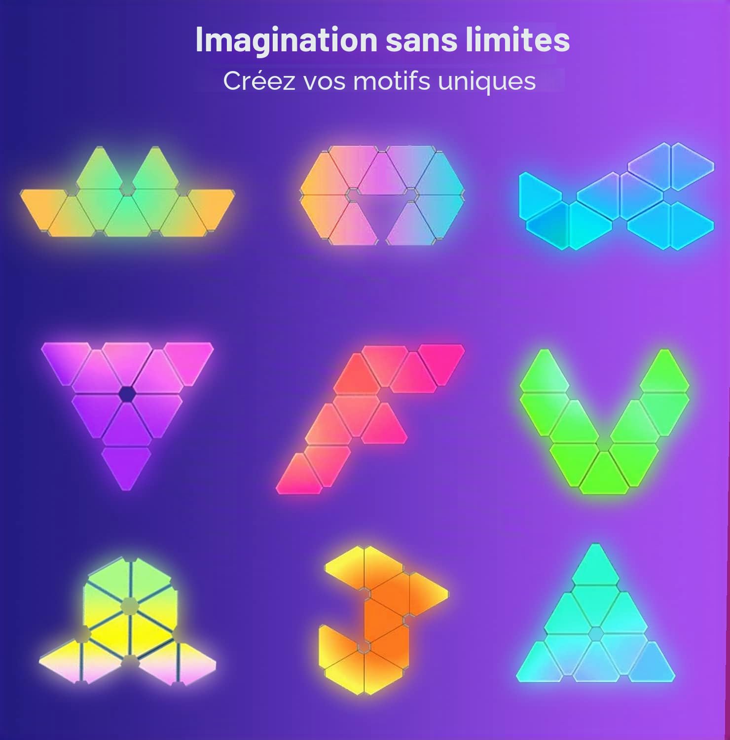 Panneau LED Mural, Applique Murale Interieur LED RGB Triangles Télécommandée Deco Gaming Fonctionne avec Alexa/Google Assistant,App et Contrôle Vocal Musique Sync pour Chambre,9 Panneaux Lumineux