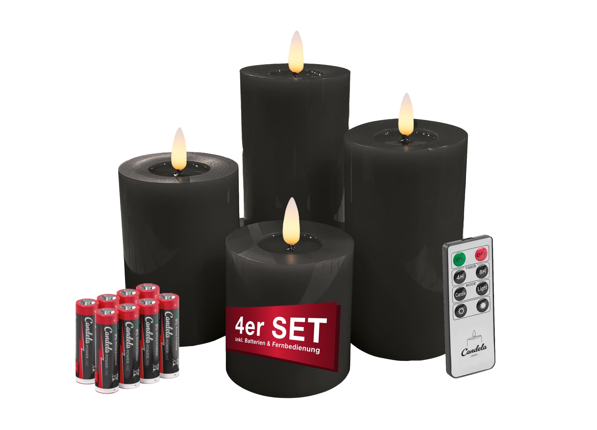 LC Home Candela Lights LED Kerzen 4er Set mit Fernbedienung, Batterien & Timerfunktion LED Echtwachs Kerzen Flammenfunktion & dimmbar Winter Schwarz Beleuchtung