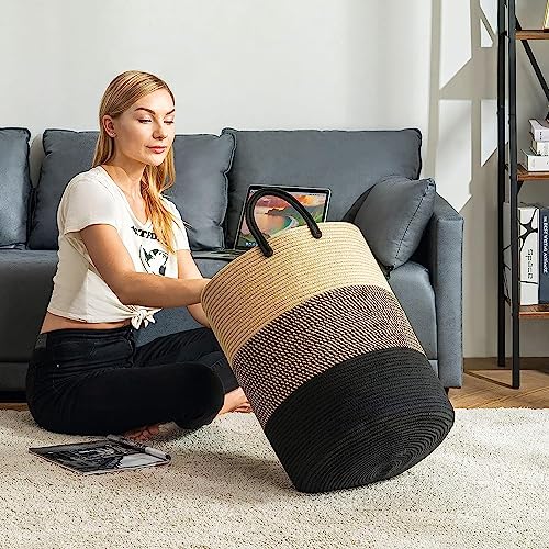 Image of Cotton Rope Laundry Basket with Handles,Large Round Woven Storage Basket for Clothes,Blankets,Towels&Toys,Multipurpose Home Organizer Basket for Bedroom(Black Brown,Small (35L)(10 inchX10 inchX10 inch)