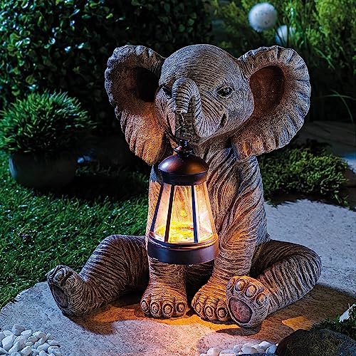 Coopers of Stortford - Elephant Solar Lantern LED Garden Ornament - Outdoor Polyresin Statue with Warm White Light Weatherproof 28.5cm
