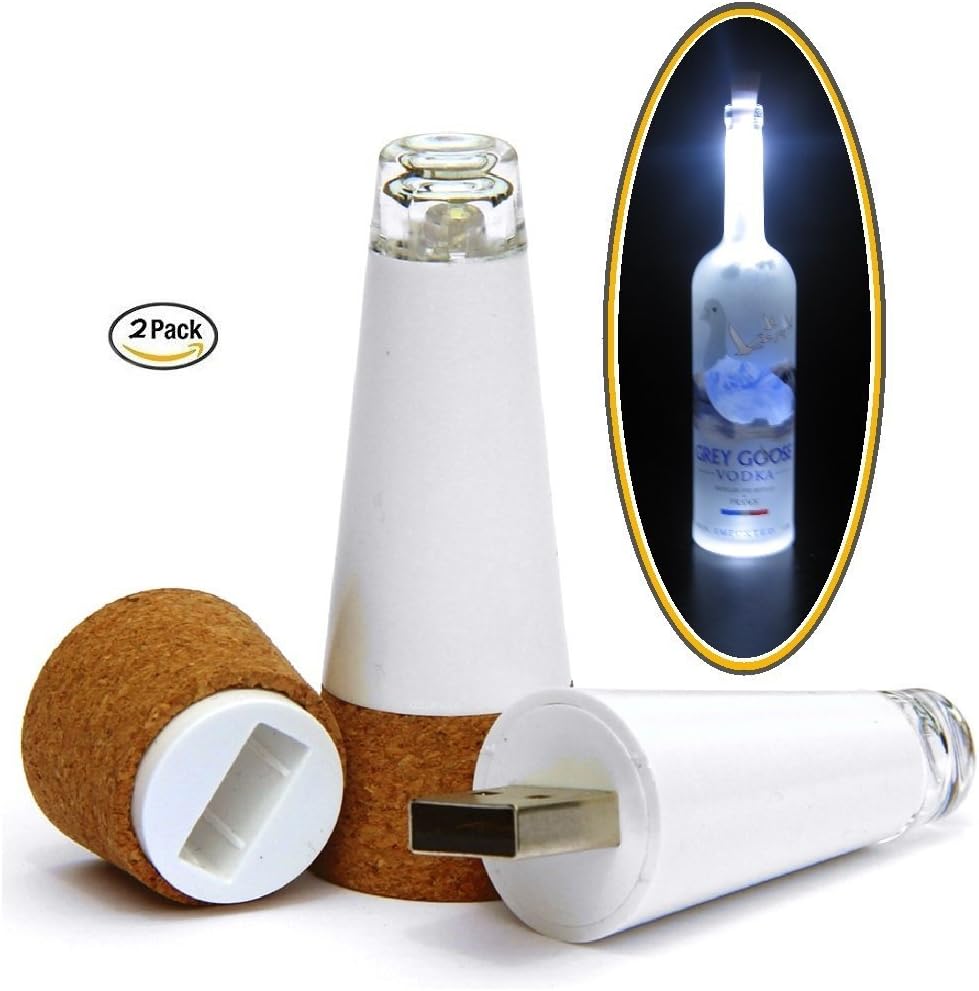 Spark LED Technology 12 Lumens Wine Bottle USB Rechargeable Cork Light, White, Set of 2