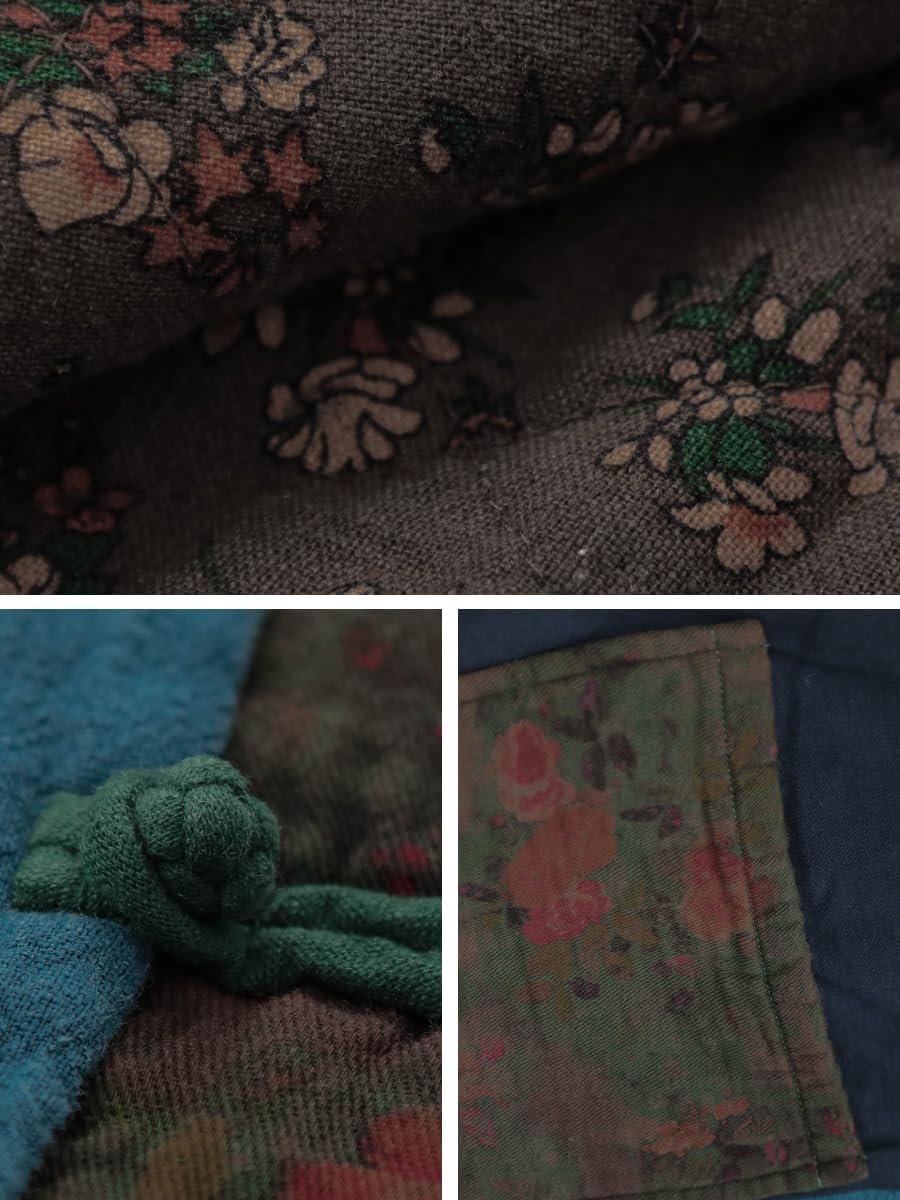 Women's Quilted Color Block Patchwork Coat Vintage Long Trench Coat with Frog Buttons Pockets Warm Winter Jacket - Image 7