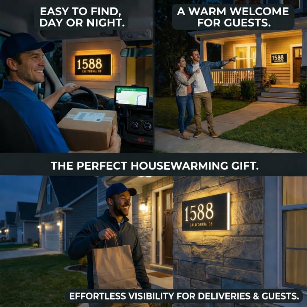 Custom Solar LED House Number Sign for Outside, Personalized Lighted Houses Numbers for Outdoor, Custom Lighted Address Signs for Houses, Waterproof Backlit House Numbers for House, Garage, Front Door