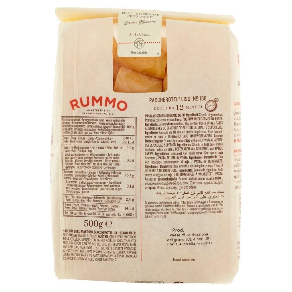 12er-Pack Rummo Pasta Paccherotti Lisci N°168,Italienische Nudeln aus Hartweizengrieß,Italienische Pasta 500g