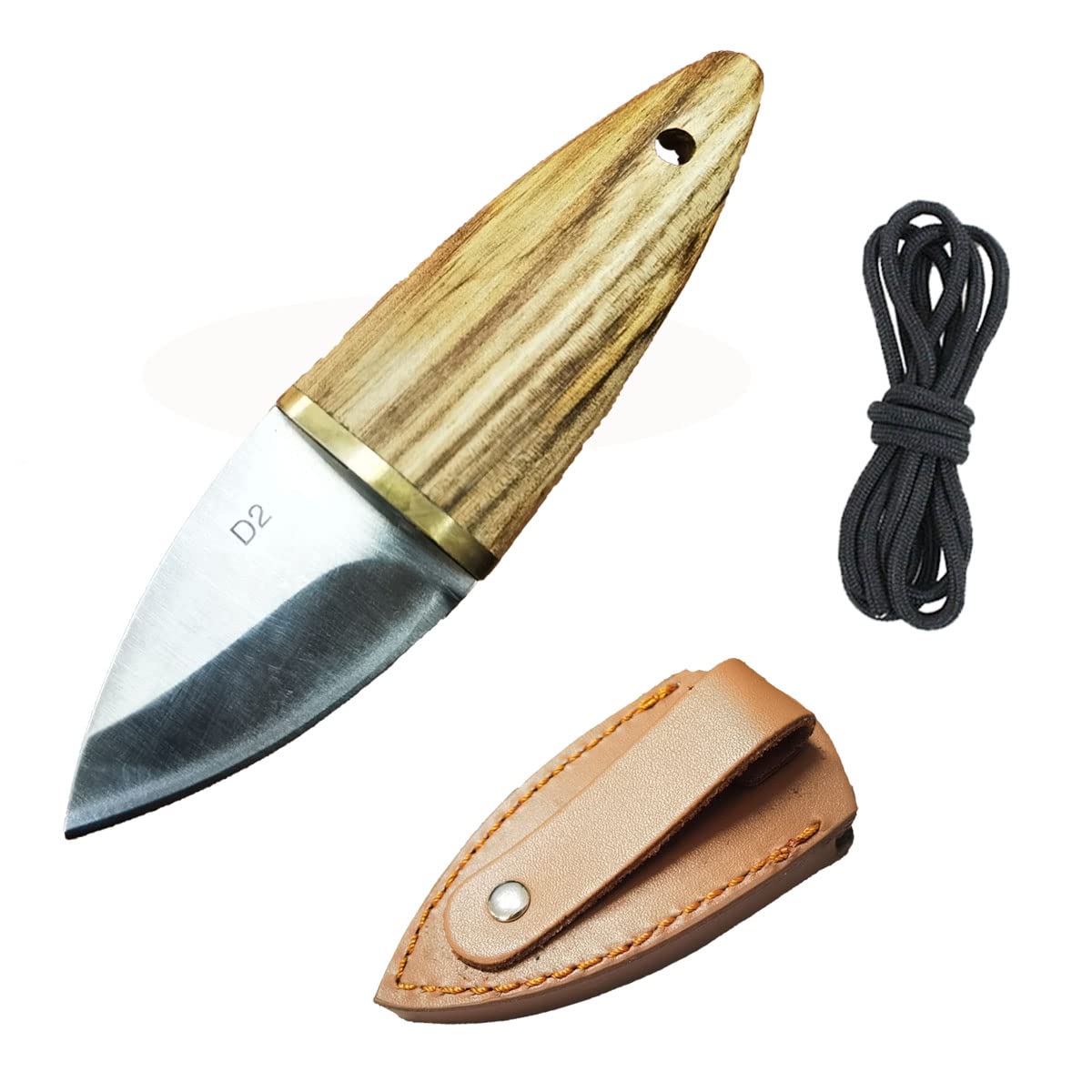 BSGB Ferro Rod Striker Mini Bushcraft Knife with Leather Sheath Camping Outdoor D2 Steel Small Knife with Leather Case Zebra Wooden Handle