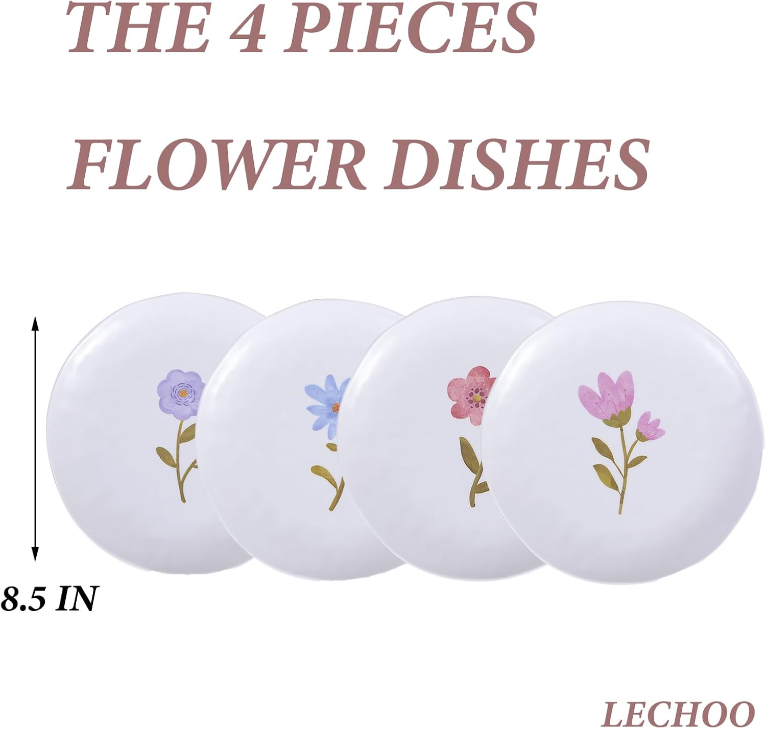 8.5in White Melamine Plates - 4pcs Floral Salad Plate Dessert Dishes