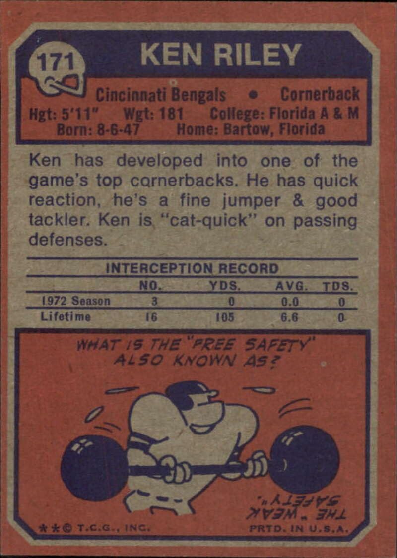 1973 Topps Football #171 Ken Riley RC Rookie Cincinnati Bengals Set Break 1 (See Scan for Actual NFL Trading Card you will receive)