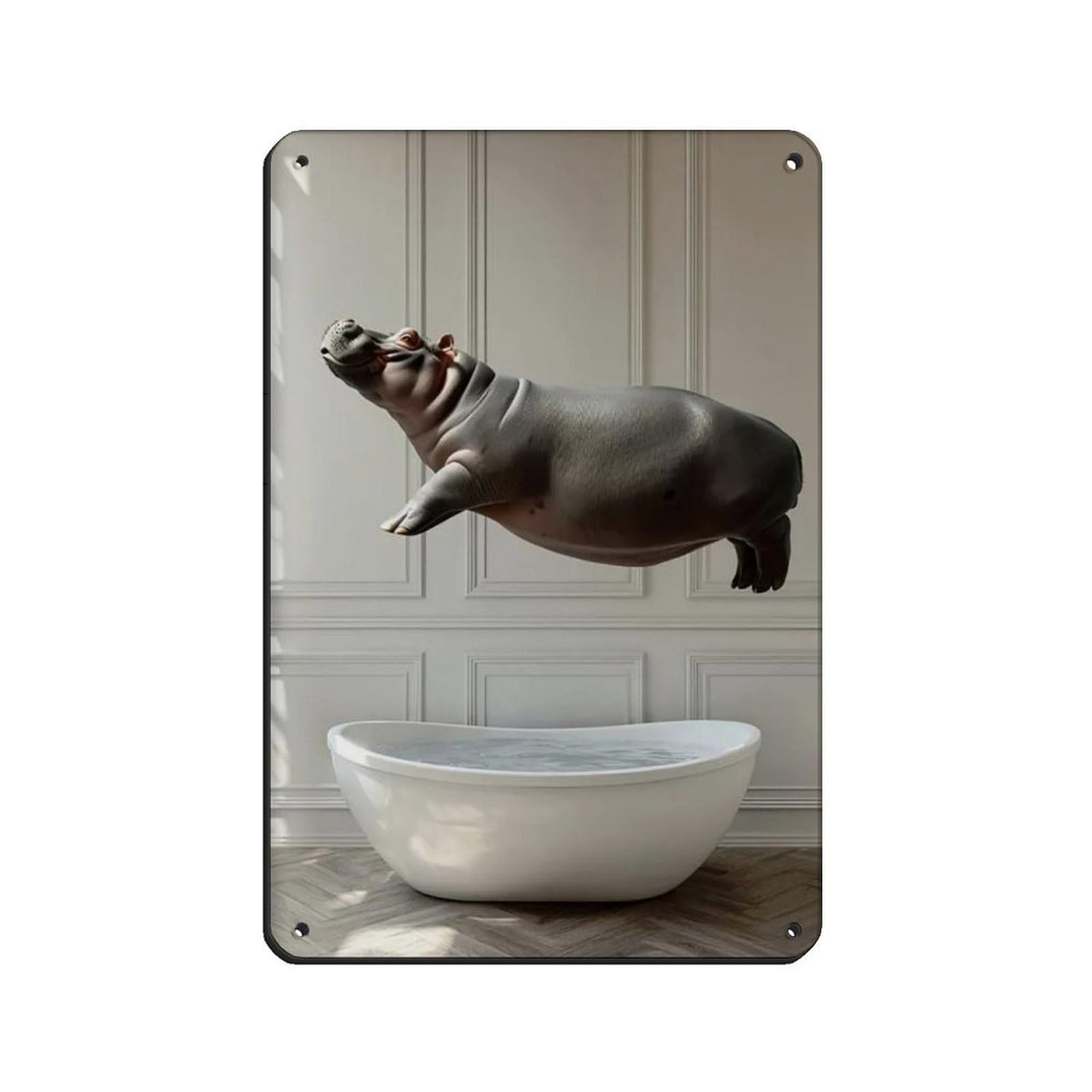 Hippo Jumping Into Bathtub, Funny Bathroom Art Tin Sign Vintage Metal Pub Club Cafe Bar Home Wall Art Decoration Poster Retro 8x12inch(20x30cm)