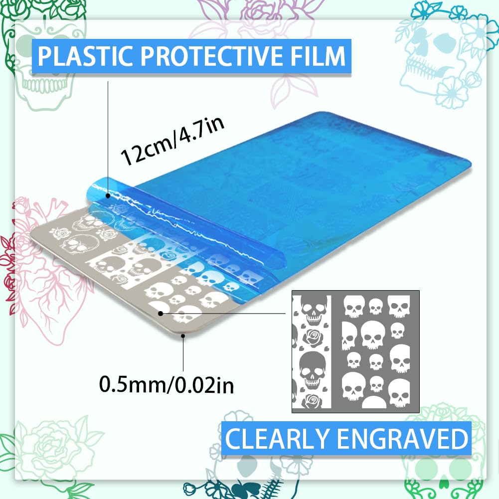 PH PandaHall 3 pz Timbro per Unghie con Teschio Gotico, 58 Modelli Scheletro Orrore Fiore Piastra per Stampaggio Unghie per Nail Design Stampa Manicure Salone Halloween