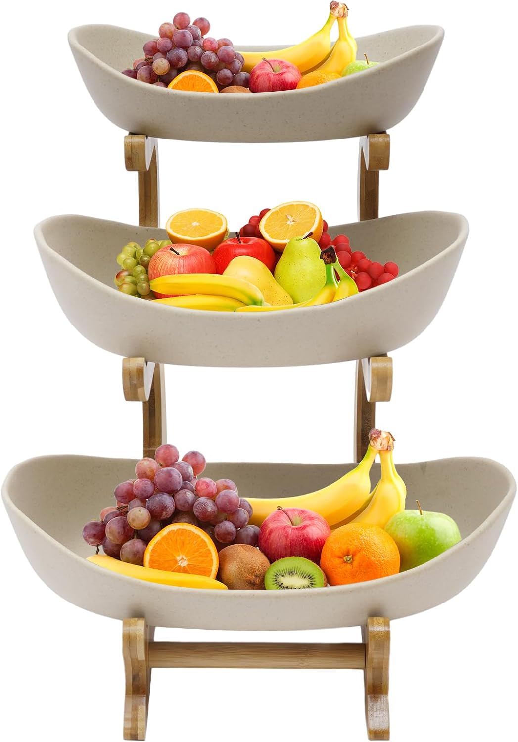 3 Tier Fruit Basket Holder, Ceramic Fruit Bowl for Kitchen Counter, Fruit Plate with Porcelain + Bamboo Stand for Fruit and Vegetable Snack Nuts Dessert Cake Tray Party Wedding (Earthy Color)