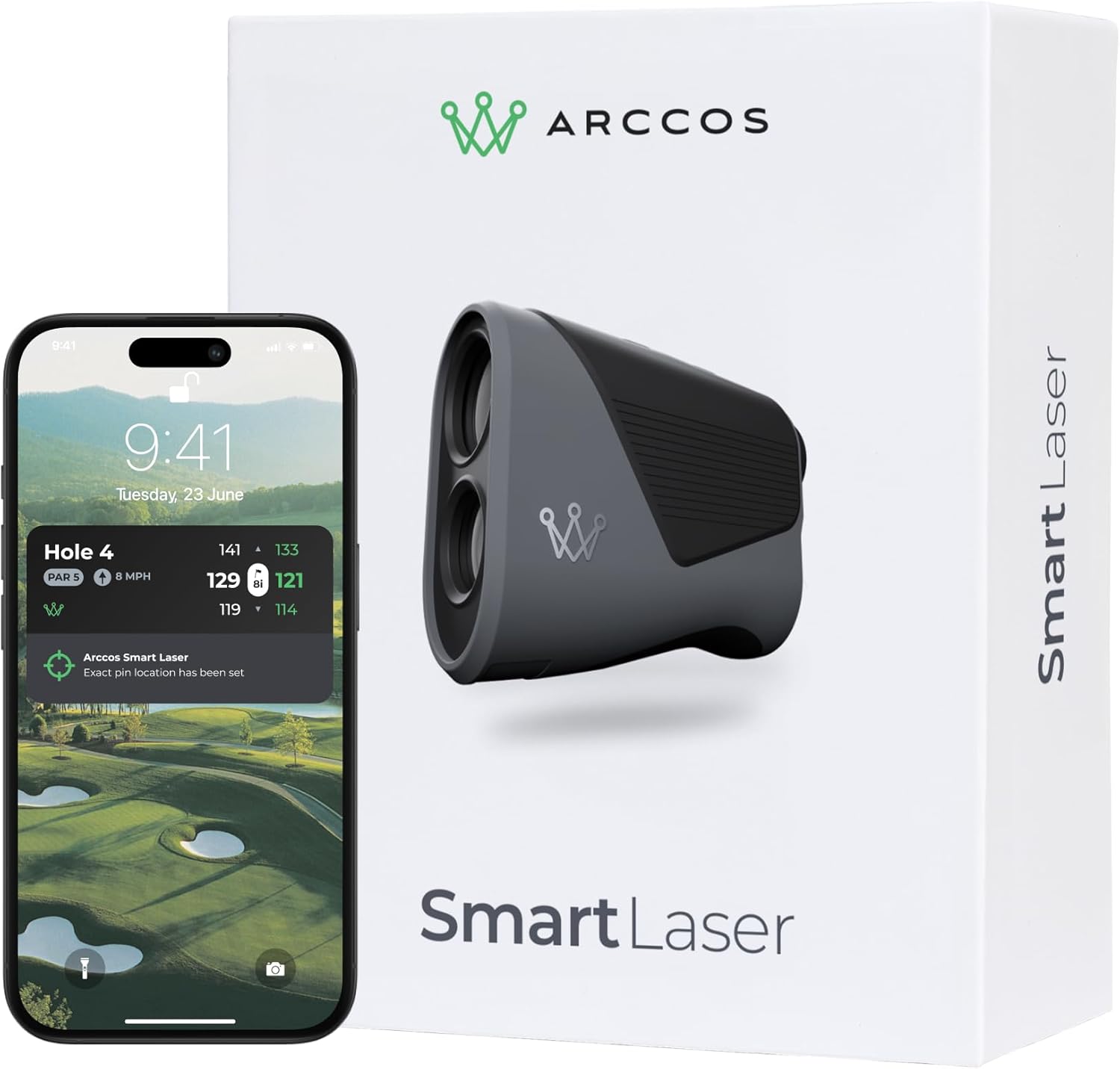 Arccos Smart Laser Rangefinder with Slope & Wind – Golf AI-Powered “Plays Like” Distances, AI Strategy & Green Maps, Tournament Legal Toggle, Free First Year