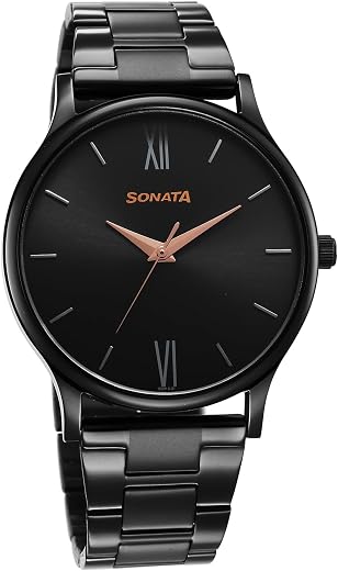 Sonata Aspire Quartz Analog Black Dial Black Stainless Steel Strap Watch for Men - NT77105NM03W