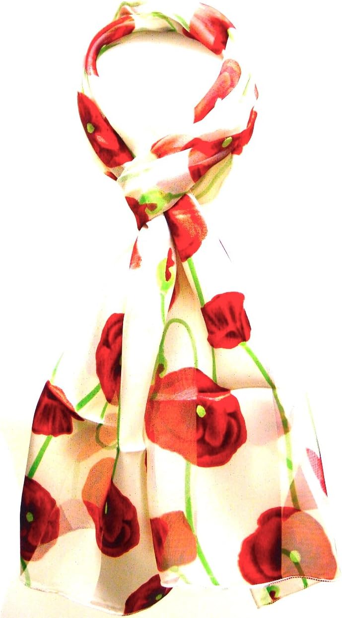 Beautiful Long Poppy Flower Print Satin Stripe Scarf Wrap Stole Neck Scarf