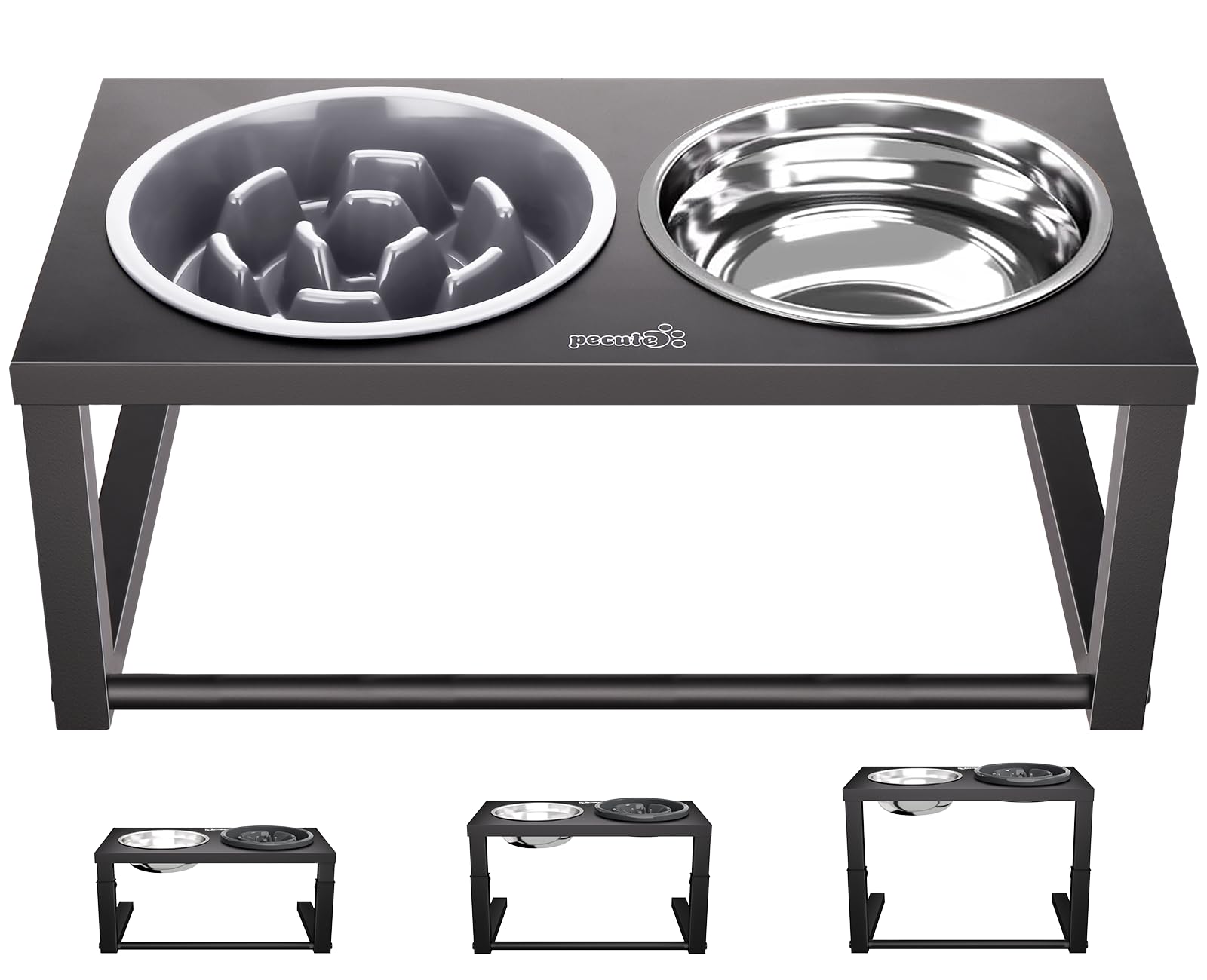 Pecute Comederos Elevados para Perros (1250ml + 600ml) Comedero Lento para Perros 3-en-1Tazón Double para Mascotas Acero Inoxidable Bol con Soporte Ajustable de Hierro