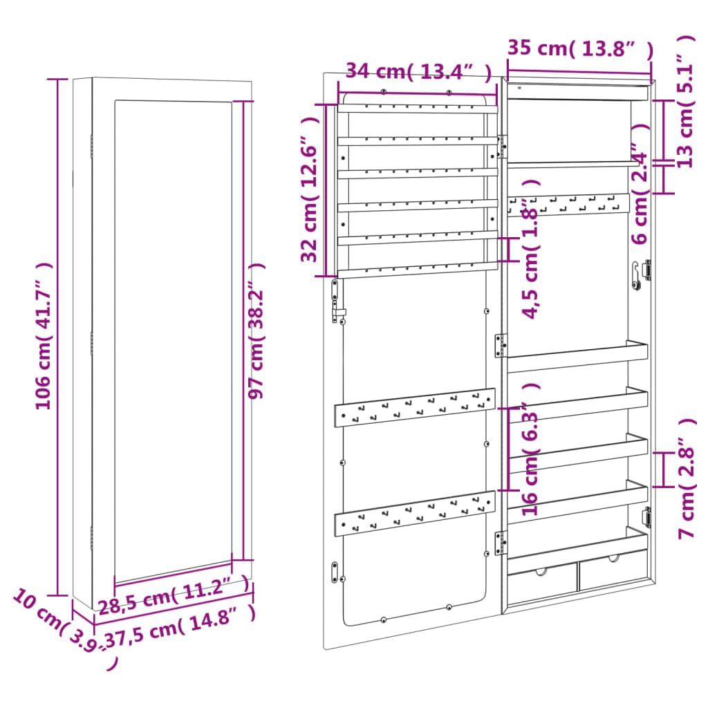 Lustro szafka na biżuterię z oświetleniem LED, montaż na ścianie lub hakiem na drzwi, zamykana, materiał drewnopochodny, czarny, 37,5 x 10 x 106 cm, z 2 szufladami do łazienki, sypialni