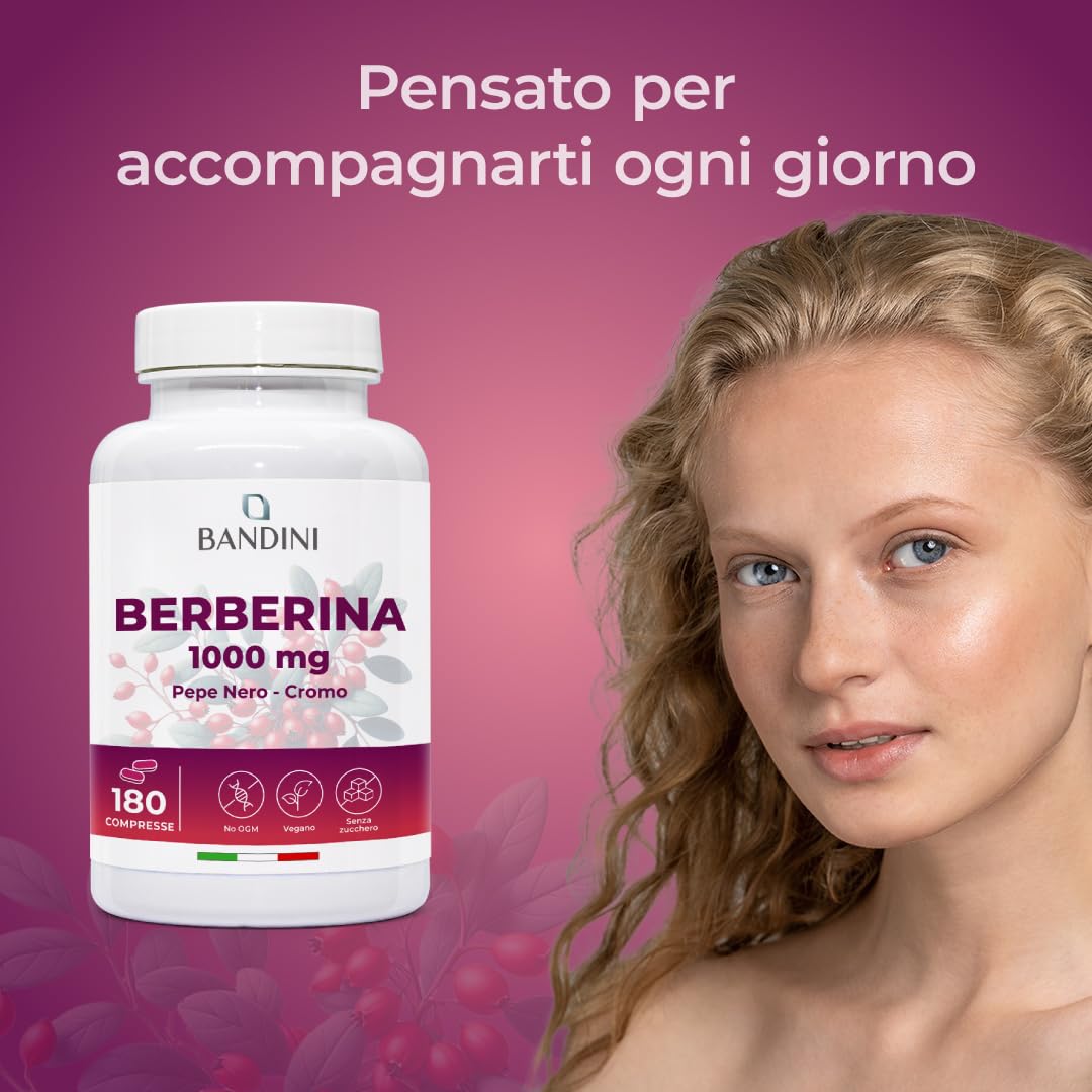 Bandini® Berberina 1000mg pura alto dosaggio | 180 compresse vegane - Berberin HCl da Berberis Aristata al 97% + Cromo e Pepe Nero | Massimo assorbimento - Funzione digestiva, epatica, intestinale