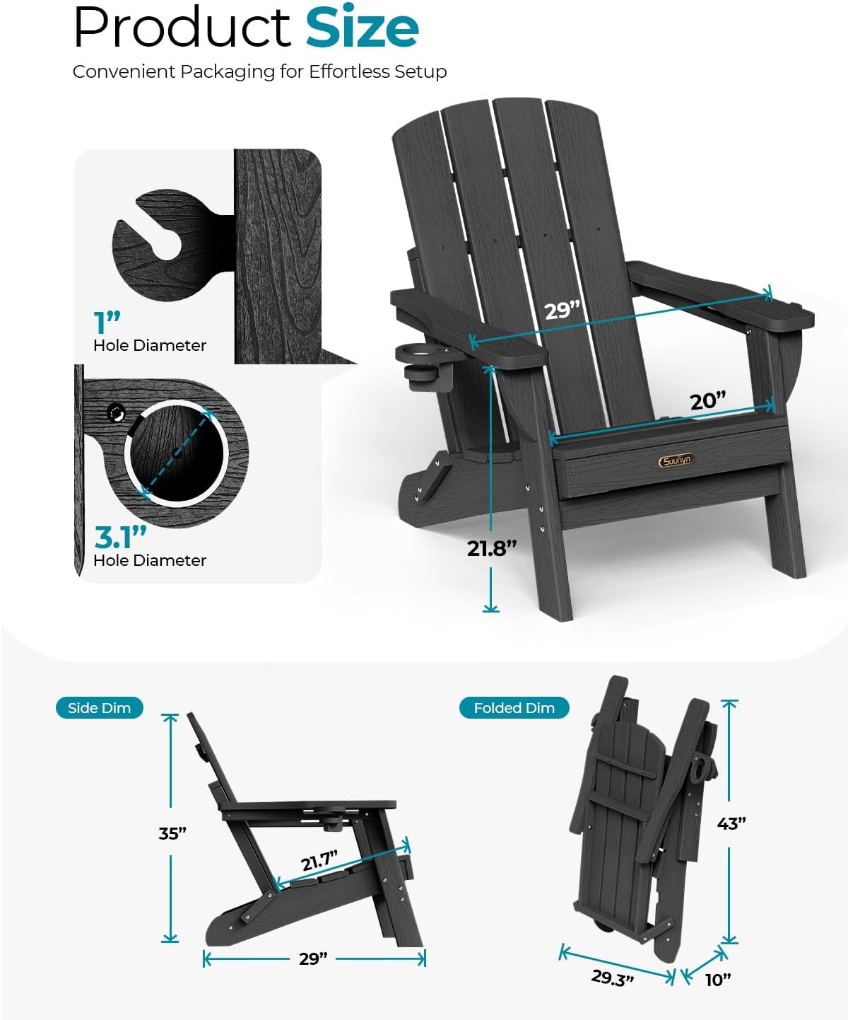 Folding Adirondack Chair, HDPE Adirondack Chairs with 2 Cup Holder, Plastic All-Weather Fire Pit Chairs, Outdoor Lawn Chair for Patio Garden (Black) image 4