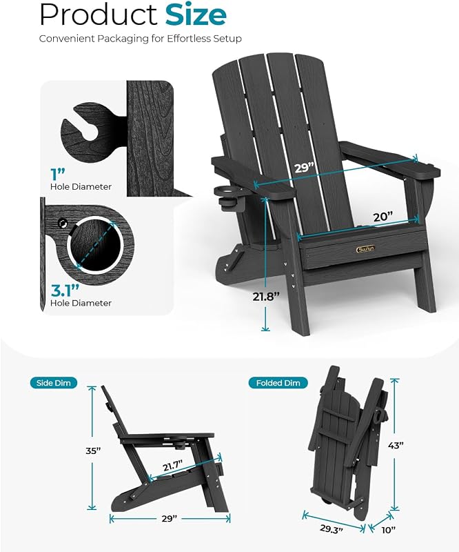 SUUNYN Folding Adirondack Chair, HDPE Adirondack Chairs with 2 Cup Holder, Plastic All-Weather Fire Pit Chairs, Outdoor Lawn Chair for Patio Garden (Black) image 4