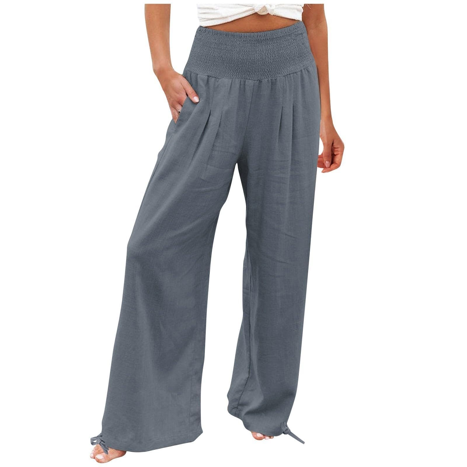 Womens Linen Palazzo Pants Wide Leg High Waisted Lounge Casual Long Pants with Pockets Beach Travel Vacation Outfits