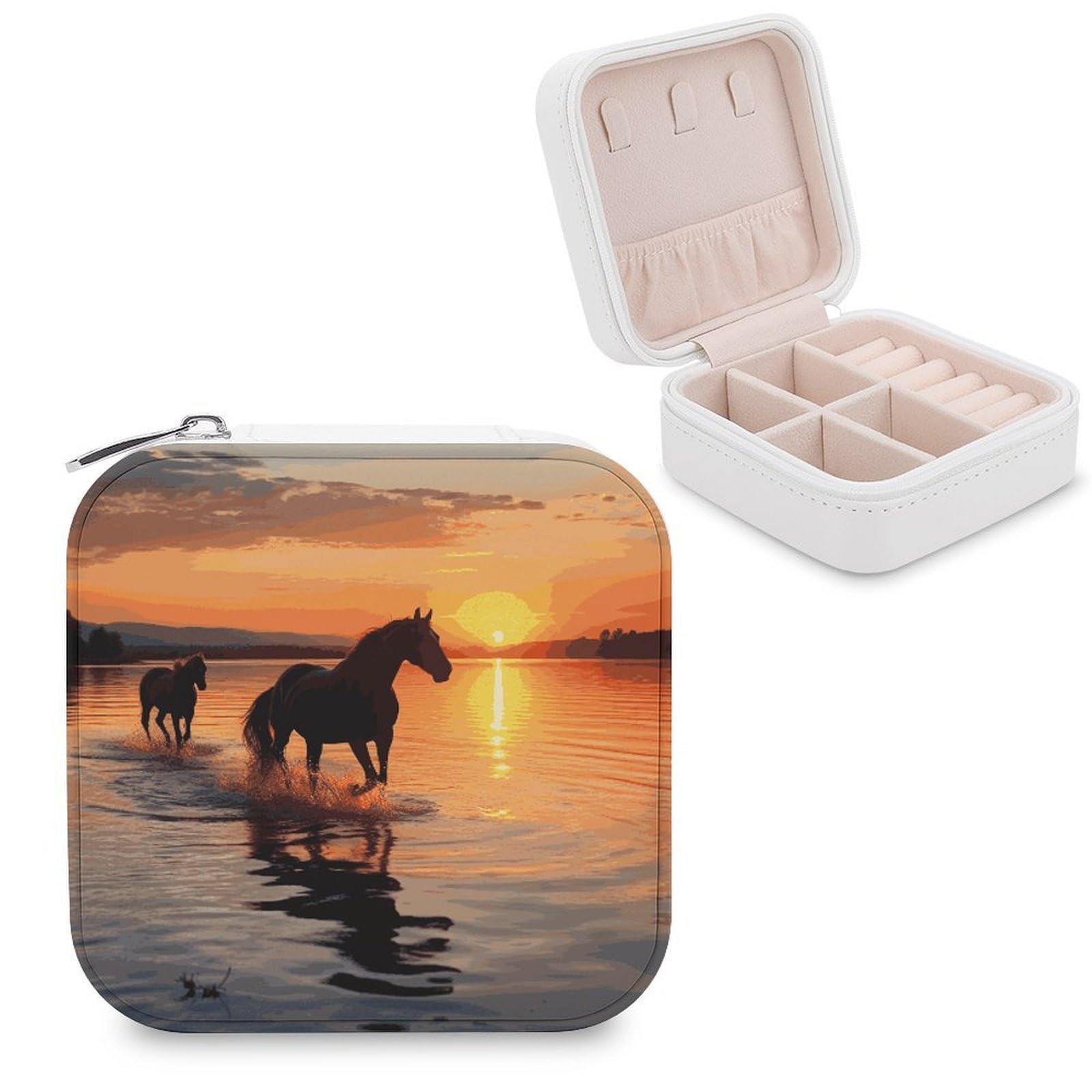 JTREHY Travel Sunsets Lake Horses Jewelry Case Portable Display Storage Box PU Leather Mini Jewelry Travel Case Personalized Travel Jewelry Organizer Small Jewelry Box for Women