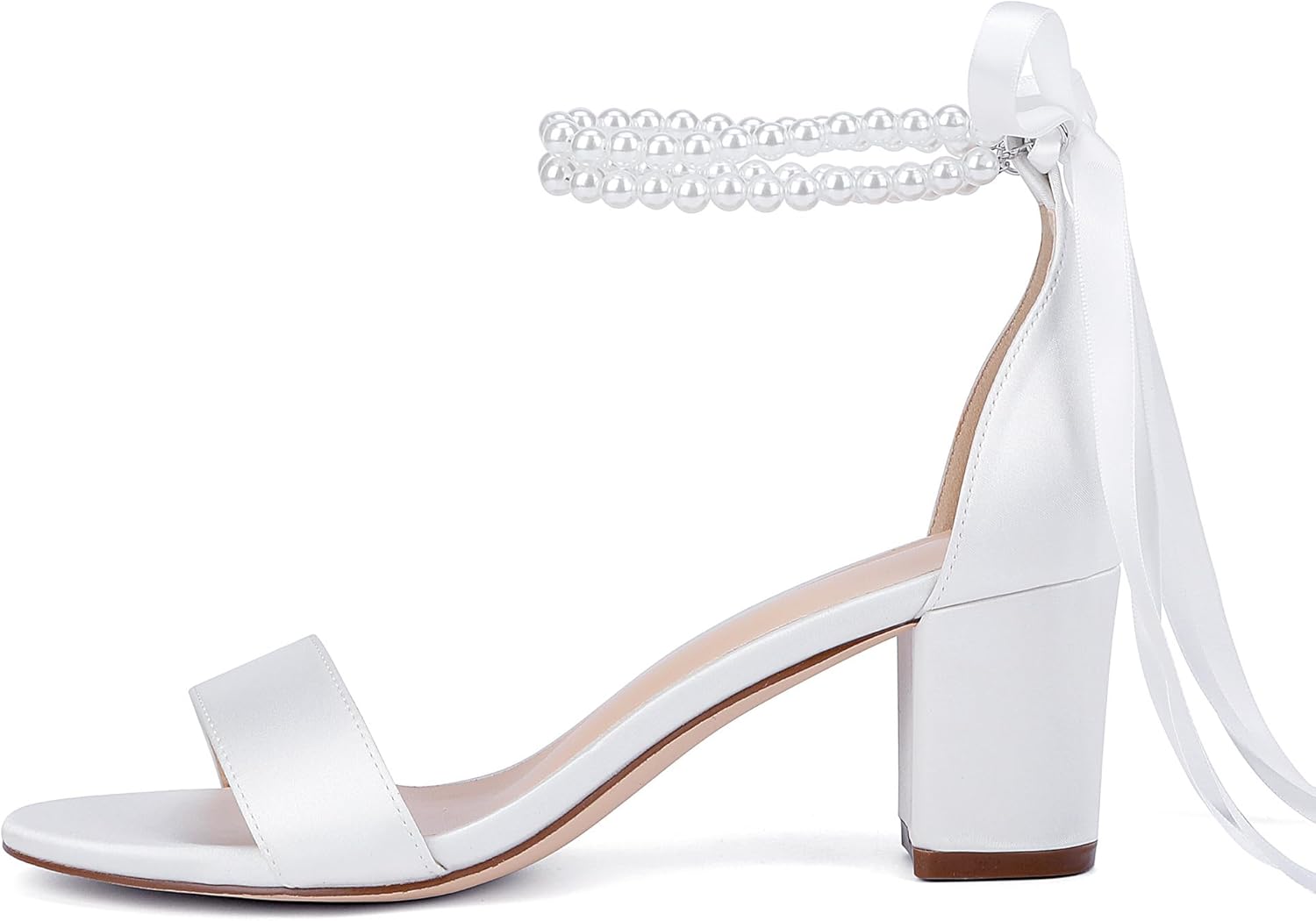 Isobud Women's Open Toe Pearl Wedding Shoes for Bride White Heels with Bow Bridal Shoes Chunky Block Satin Heels Sandals - Image 3