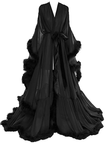 Molisa Womens Sexy Feather Bridal Robe Long Wedding Scarf Illusion Bathrobe Sleepwear Lingerie Robe Nightgown - Small-Medium - Black