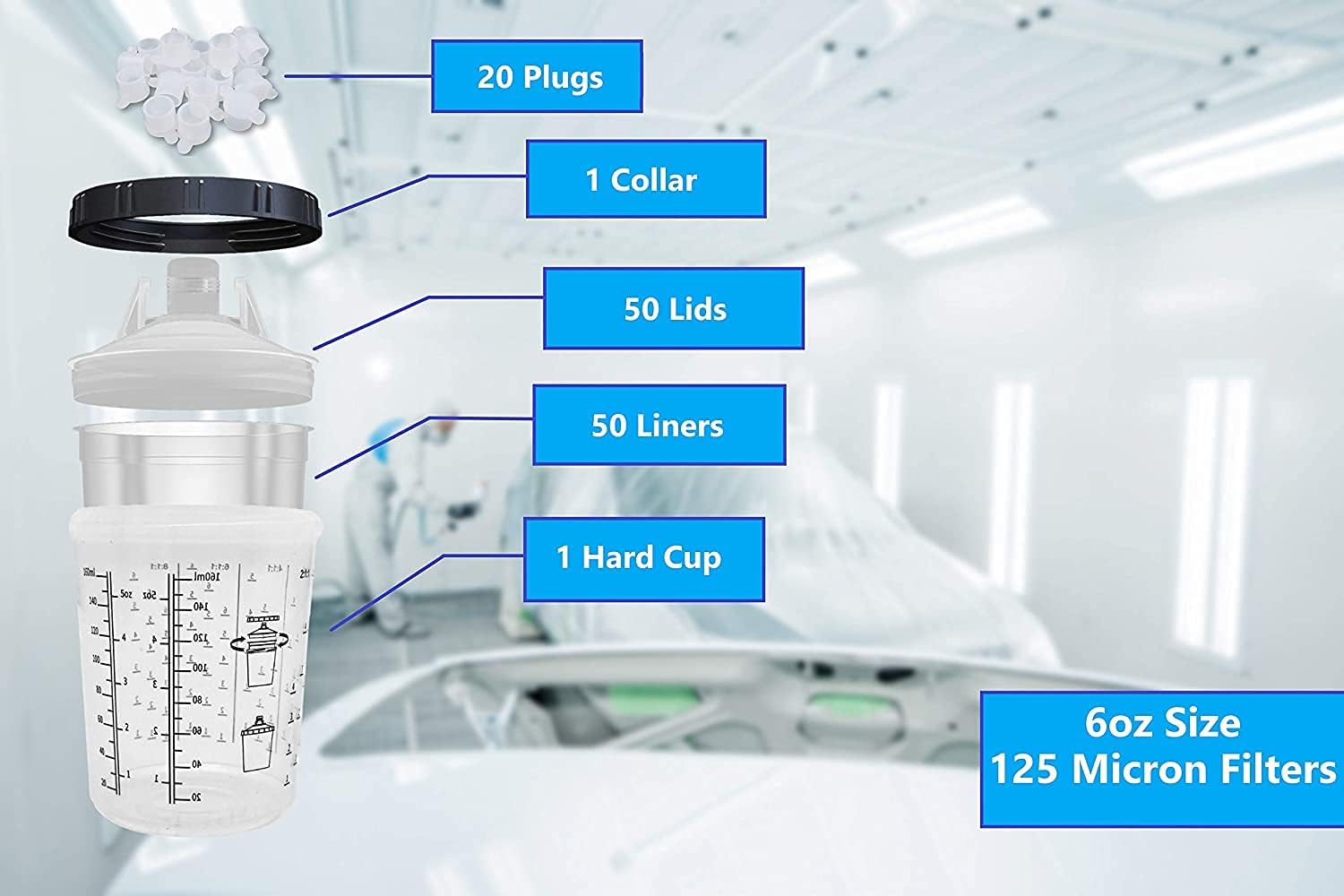 Body Works - Automotive Spray Cup Paint System - Hard Cup and Collar (6 Oz) - 50 Disposable Lids and Liners - 125-Micron Filters - 20 Sealing Plugs - Compatible with Legacy PPS System (not 2.0) : Automotive
