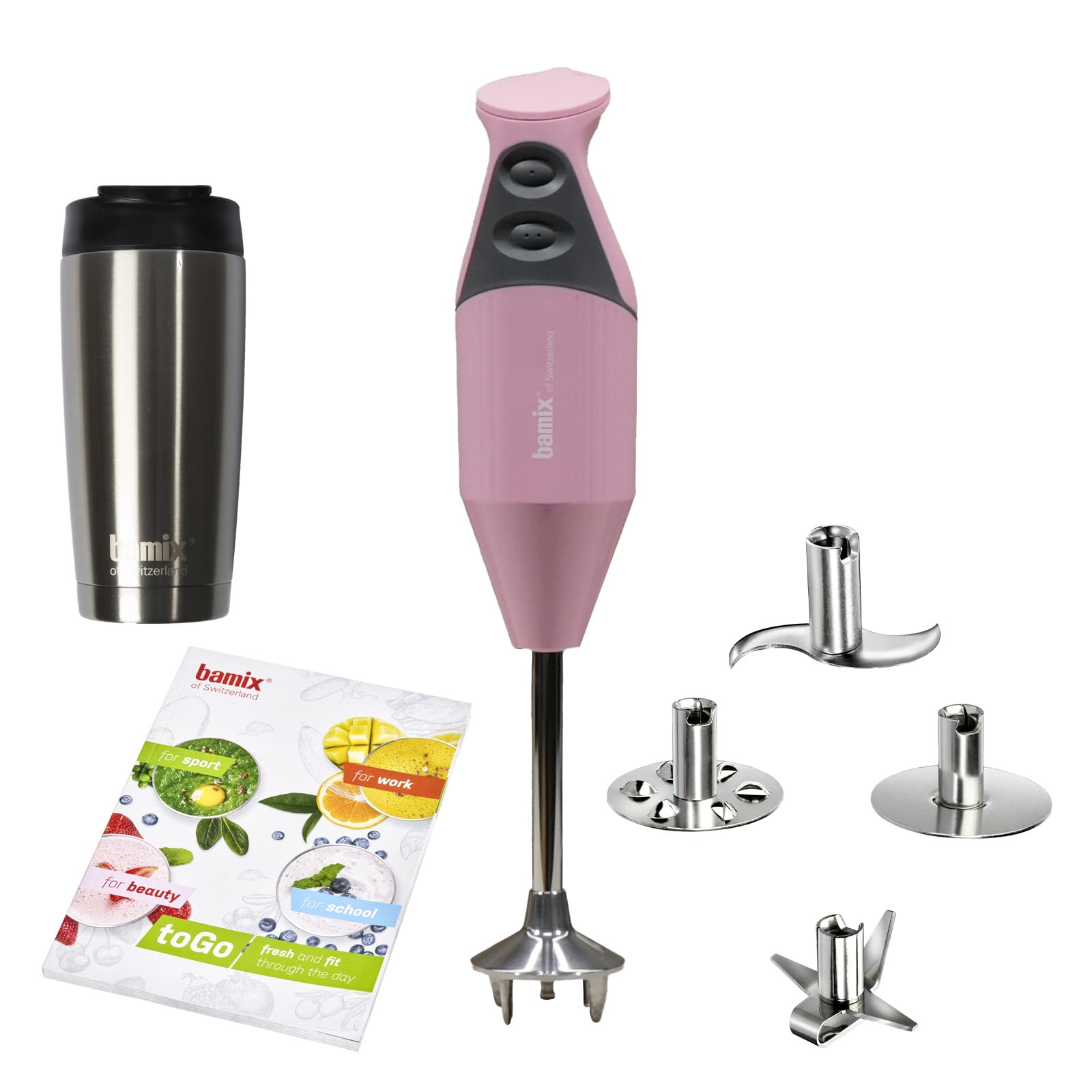 bamix Stabmixer Set M200 toGO inkl. Multifunktionsmesser, 4 Aufsätze, Isolierbecher, Smoothies Rezeptheft, 200 Watt, 2-Stufen, Edelstahl, Made in Switzerland - Pink
