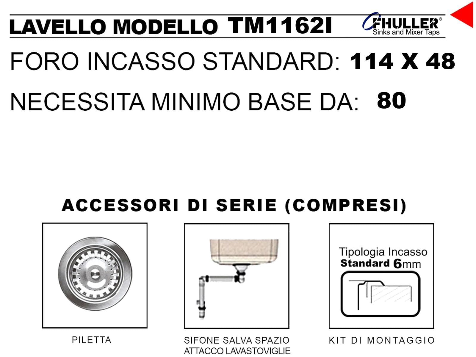Lavello TM1162ILPC da incasso 2 vasche con gocciolatoio sinistro | Acciaio Inox Prelucido | 116x50 cm | Foro Scarico 3,5” | Lavello Cucina Resistente, Igienico e Facile da Pulire