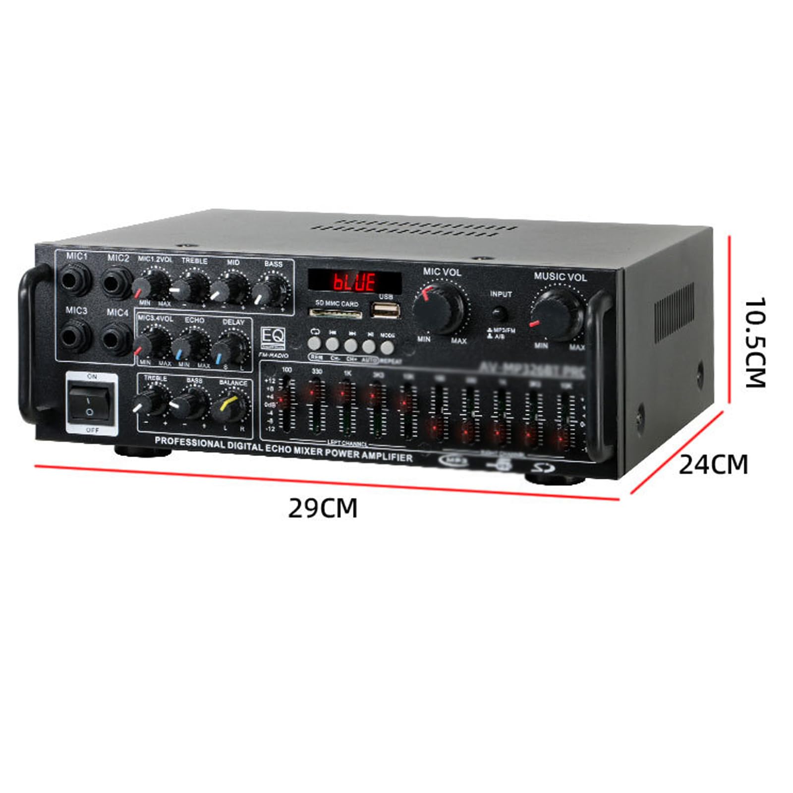 Amplificatore Audio Stereo, Ricevitore Equalizzatore con Telecomando e USB e 4 ingressi Microfono, Doppia Regolazione Equalizzatore a 5 Bande, per Home Theater, Audio per Auto, Karaoke, Feste