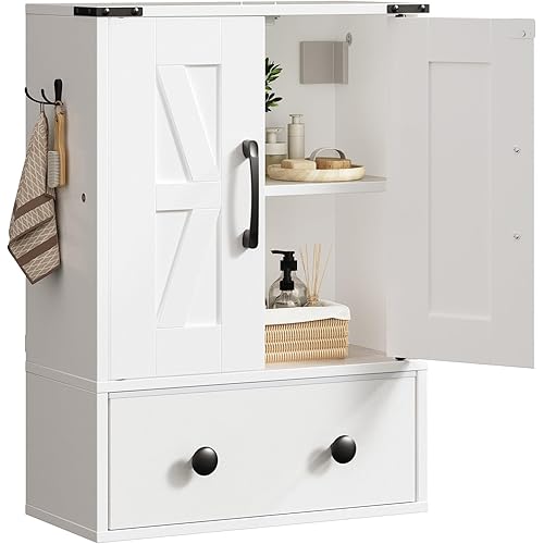 Bathroom Wall Cabinet, Medicine Cabinet with Fabric Drawer, Double-Door Wall Mounted Storage Cabinet, 2 Hooks, Easy Assembly, for Bathroom, Bedroom, Living Room, Kitchen, Dining Room, White