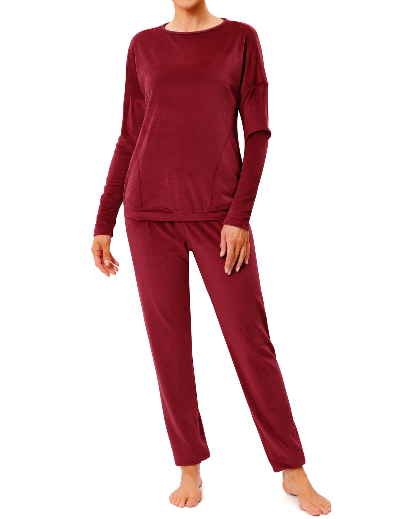 Pijama Terciopelo Mujer Invierno Manga Larga Conjunto Chándal Cuello Redondo Cálido Suave Cómodo Ropa de Dormir para Casa