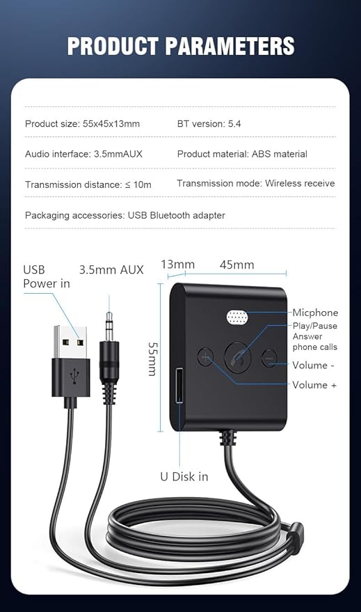 Adaptador Bluetooth 5.4 AUX para Coche, Manos Libres miniatura 8